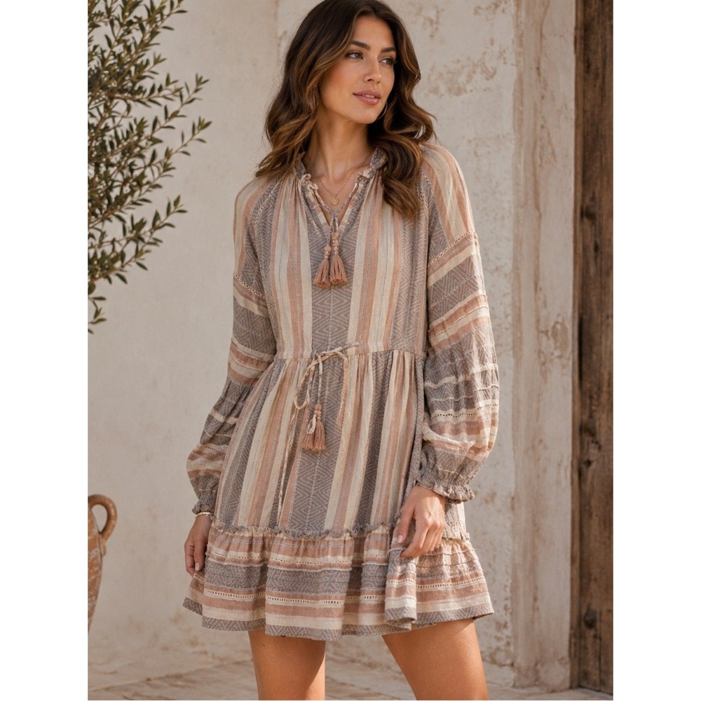 Veronica Beard Terracotta Geometric Stripe Tassel Boho Mini Dress Small
